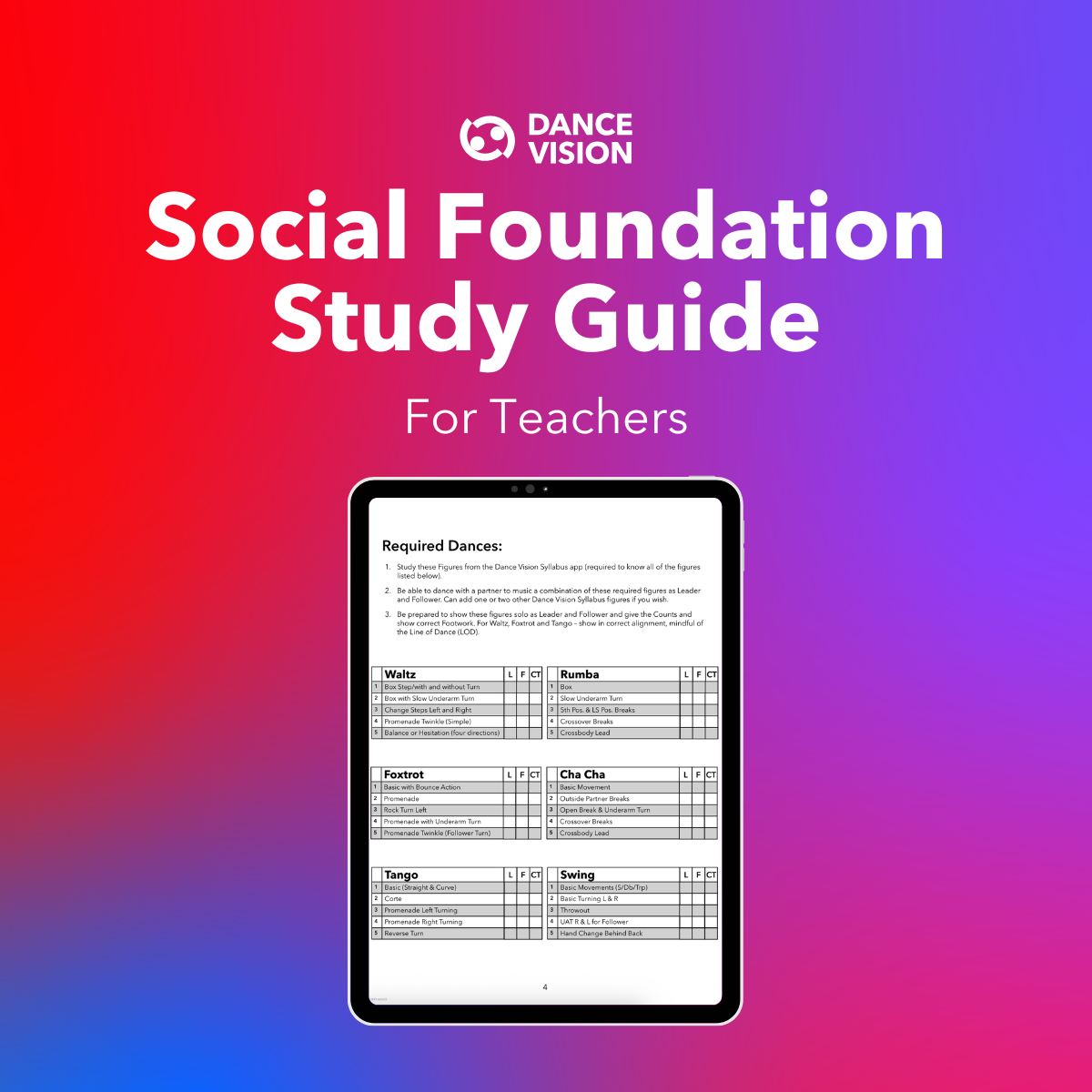 A free study guide for teachers to prepare for the Dance Vision Social Foundation Teacher Certification.